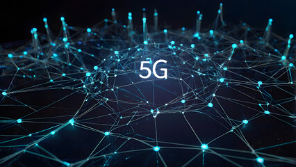 White 5G text amidst glowing blue digital network with interconnected nodes on a dark background