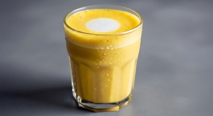 Frosted glass filled with turmeric ginger latte for mindful anti-inflammatory superfood inspiration