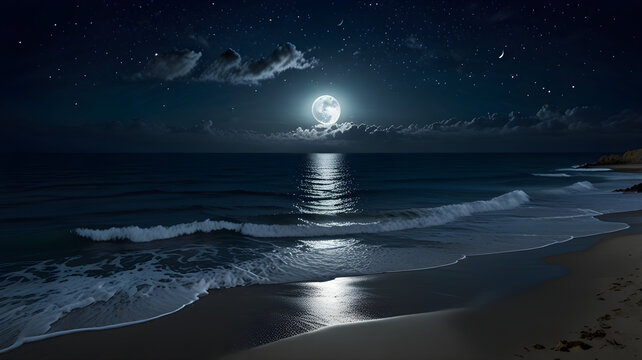 Full moon illuminates calm ocean waves on sandy beach under starry night sky
