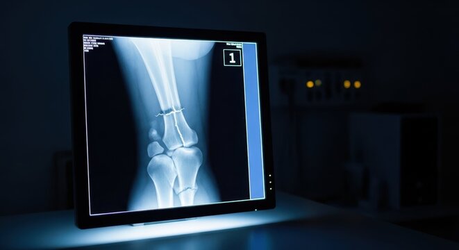 X-ray image of human knee joint on backlit monitor showing details of bones and surrounding tissues in a medical setting. X-ray provides essential information for doctors assessing knee joint health. - Powered by Adobe