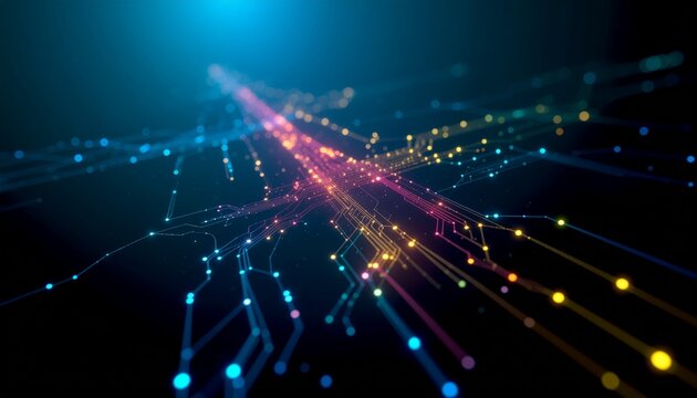 A vibrant, abstract illustration of a network of interconnected points and lines, simulating data flow. The image is visually dynamic and suggestive of technological advancement