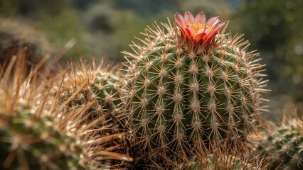Close-up of a cactus with a pink flower blooming at the top.