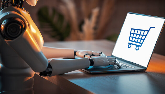 An AI robot is making an online purchase using a laptop computer - Powered by Adobe