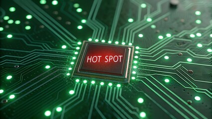 A closeup of a computer chip with the words hot spot on it, highlighting the area of the processor that is generating the most heat