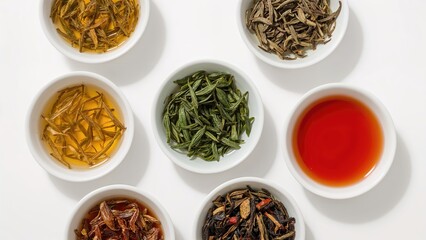 Fototapeta premium Assorted herbal teas in white bowls with different kinds of tea leaves and brewed tea.