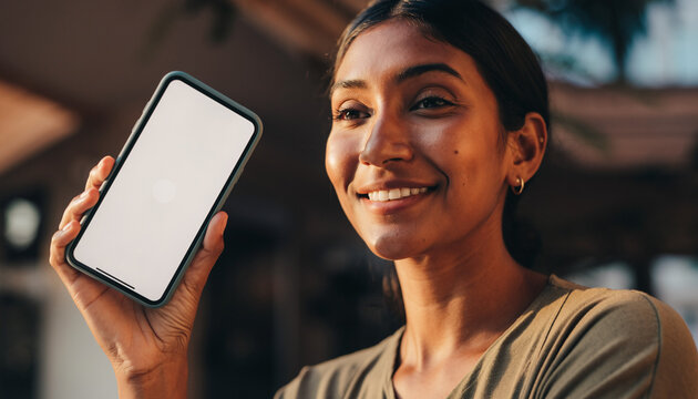 A woman happily holding up her smartphone, with an empty screen, ready for you to add your content. Her expression is bright and cheerful - Powered by Adobe