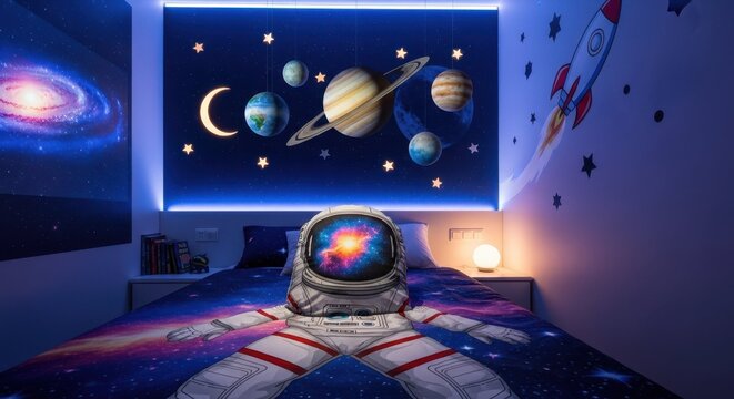 Astronaut-themed bedroom with cosmic wall art and space decor featuring planets and stars. Bedroom setup includes astronaut bedding and vibrant galaxy mural creating an adventurous atmosphere.