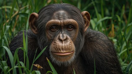 Close-up of a chimpanzee in natural habitat with green foliage. Animal and wildlife, nature, and conservation. The focus on primate behavior and ecosystem.
