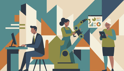 Industry professionals manage tech robotics and data analytics in a modern collaborative setting