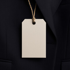Elegant minimalist mockup of a blank rectangular clothing tag hanging on a brown wool coat. Ideal for branding, label design presentations, fashion identity showcases, or tailor business	