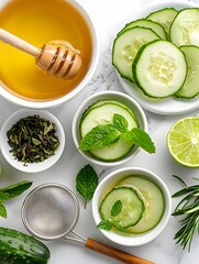 Natural home spa ingredients flat lay featuring sliced cucumber honey in bowl and fresh mint leaves on white marble background for skincare wellness and organic beauty treatment concept.