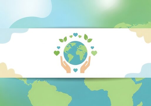 Hands holding planet earth with green leaves and hearts symbolizing environmental protection