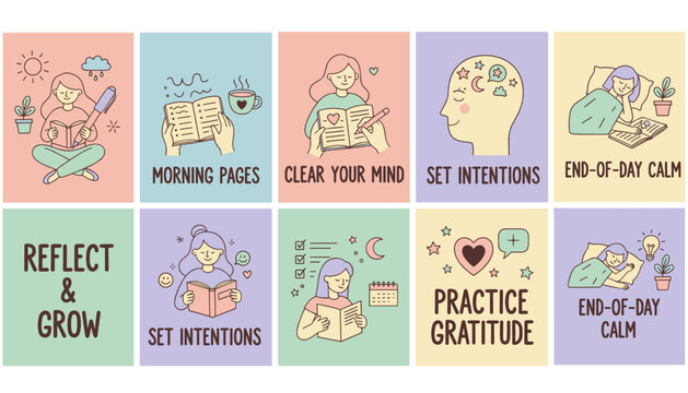 Selfcare and mindfulness vector set for wellness journaling mental health and daily routine