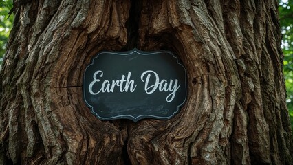 Earth Day sign attached to a tree trunk, celebrating environmental awareness and nature conservation.