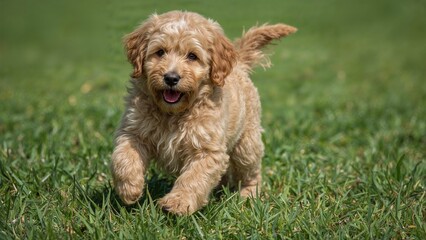 Fototapeta premium A playful golden-colored puppy running on green grass.