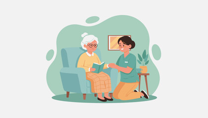 Compassionate nurse holds hand of senior woman reading book Home healthcare and elder care