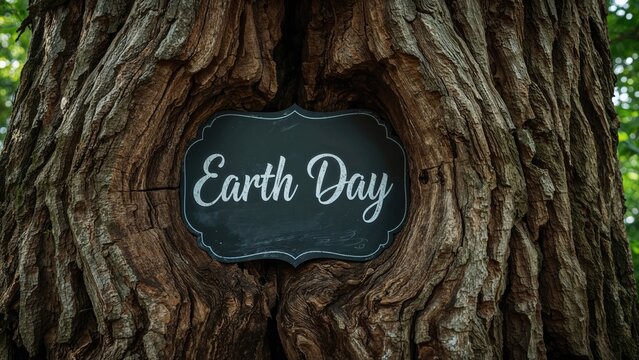 Earth Day sign attached to a tree trunk, celebrating environmental awareness and nature conservation.