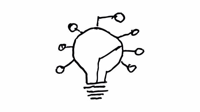Hand-drawn doodle animation of a creative light bulb with tech-style connectors, alpha channel on transparent background.