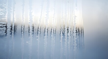 Frozen water droplets on a window pane with a soft focus background suggesting a winter scene