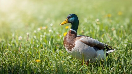 Fototapeta premium Mallard duck in a grassy field with yellow flowers, natural outdoor setting, wildlife, and nature conservation.