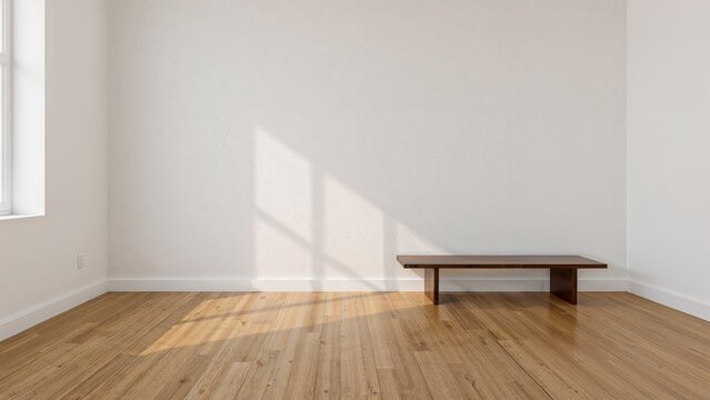 Empty room with sunlight shadow on wall and a single wooden bench. Minimalist interior design. The concept of simplicity and space.