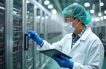 Asian engineer in mask checks machinery. Worker uses tablet in factory production line. Man wears protective gear, works in industrial environment. Inspection of equipment control in manufacturing