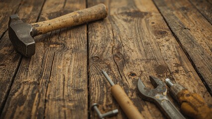 Hammer, wrench, screwdriver, and bolt on wooden surface, tools and hardware for woodworking or repair.