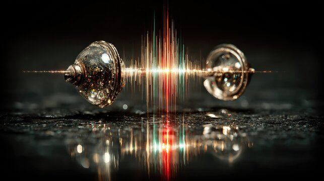 Sound waves emanating from a barbell, representing audio and fitness. - Powered by Adobe
