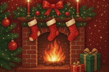 Fototapeta premium Festive cozy Christmas fireplace scene.