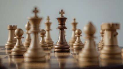 Chess pieces on a board with a focus on the king, representing strategy and competition. The image emphasizes the importance of planning and tactics in chess.