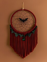 Dark red macrame dreamcatcher with black bat silhouette and long fringe hanging on brown background for gothic halloween home decor and bohemian interior style.