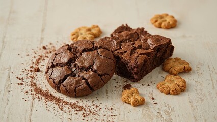 Fototapeta premium Chocolate cookies with scattered crumbs and small cookies on a light wooden surface.