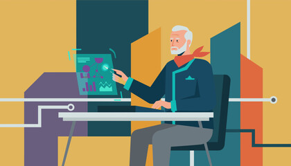 Senior businessman analyzes data charts using a stylus on a futuristic interface Digital business concept