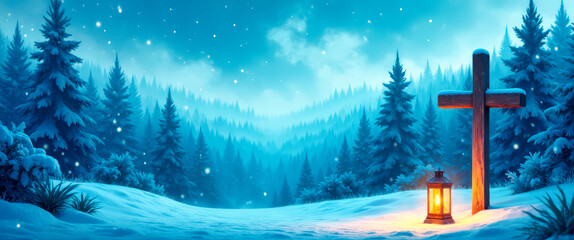 Christmas nativity illustration with wooden cross and lantern in snowy pine forest, symbolizing faith and holiday season.