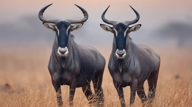 Two majestic wildebeest standing tall in the African savanna landscape. - Powered by Adobe