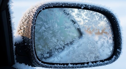 Ice on rearview mirror showcasing frosty patterns and winter's artistry. Ice captures intricate frost patterns on car's rearview mirror, creating nature's delicate design.