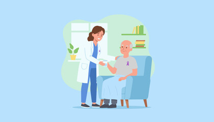 Healthcare worker assists elderly man at home providing care and support for chronic illness awareness
