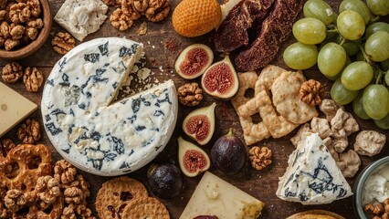 A variety of cheeses, figs, grapes, walnuts, and cookies arranged on a wooden board.
