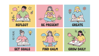 Personal development vector set journaling mindfulness goal setting and growth routines for wellness