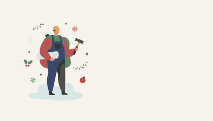 Festive handyman with blueprint and hammer Christmas construction or seasonal repairs illustration