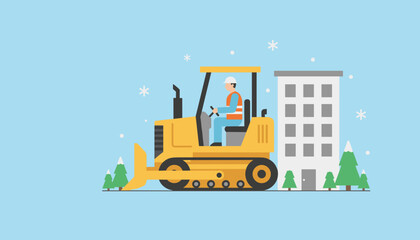 Construction worker operating a yellow bulldozer near a building during winter snowfall illustration