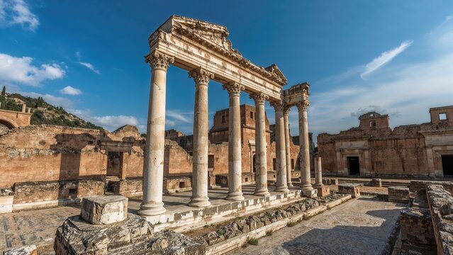 Ancient ruins with columns and arches, historical archaeological site, Italy, architecture, civilization.