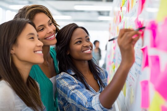 Asian woman and two African American women brainstorming, smiling, writing on sticky notes whiteboard.