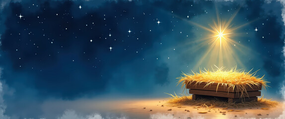 Manger scene under star of Bethlehem for Christmas, biblical nativity concept.