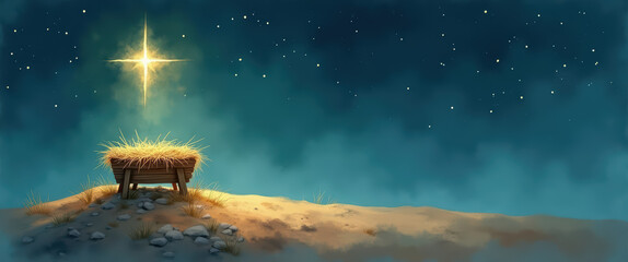 Manger scene under star of Bethlehem, biblical nativity, christmas story