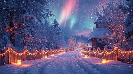 Magical winter village road illuminated by lanterns and Christmas lights under a colorful aurora borealis, snowy landscape, festive atmosphere, peaceful holiday night scenery