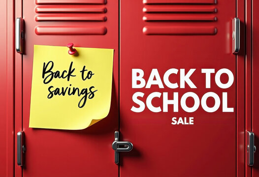 Bright red Back to school lockers with a yellow sticky note announcing back to school savings sale, creating an inviting educational atmosphere