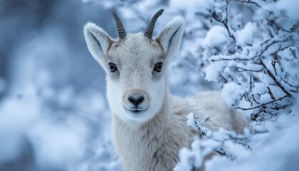 Obraz premium Young white mountain ungulate peers directly from behind snow covered branches