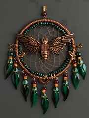 Mystical handmade dreamcatcher featuring a central bronze bat figure with green beads and leaf pendants hanging against a dark grey background for halloween decor.