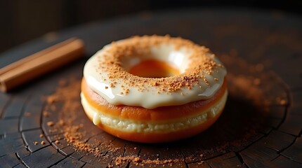 A delicious donut with white icing and cinnamon on a wooden surface